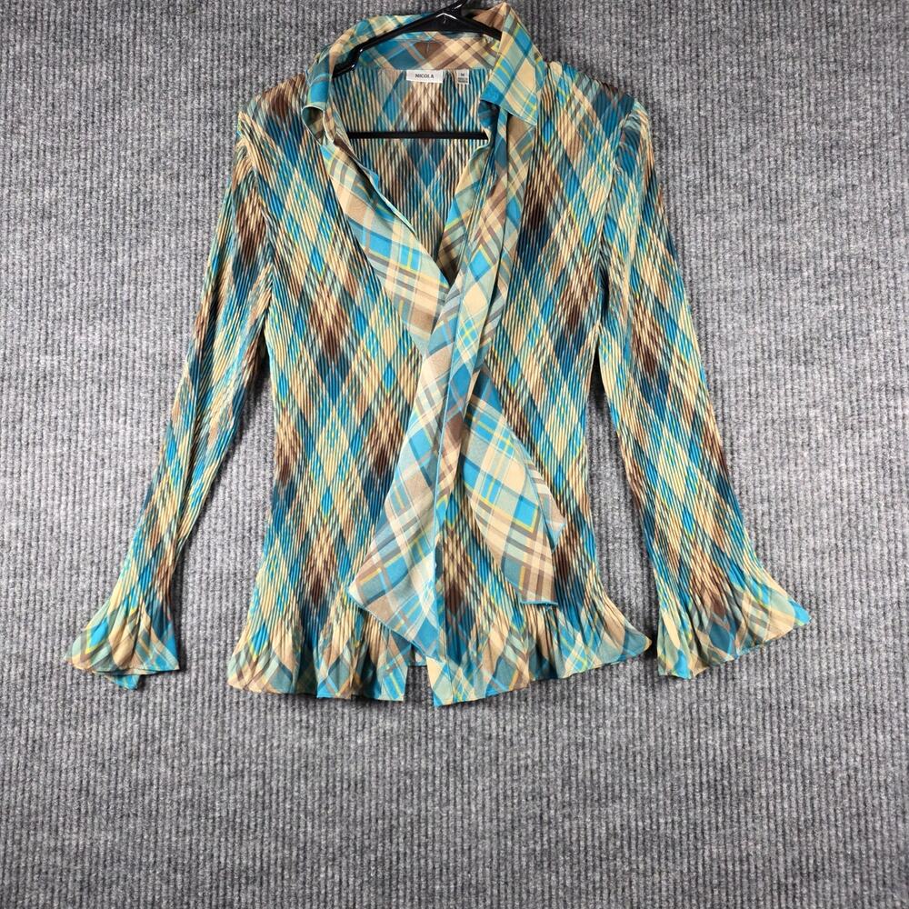 Nicola Pleated Plaid Tie Front Blouse Bell Sleeve Y2K Women‎ M